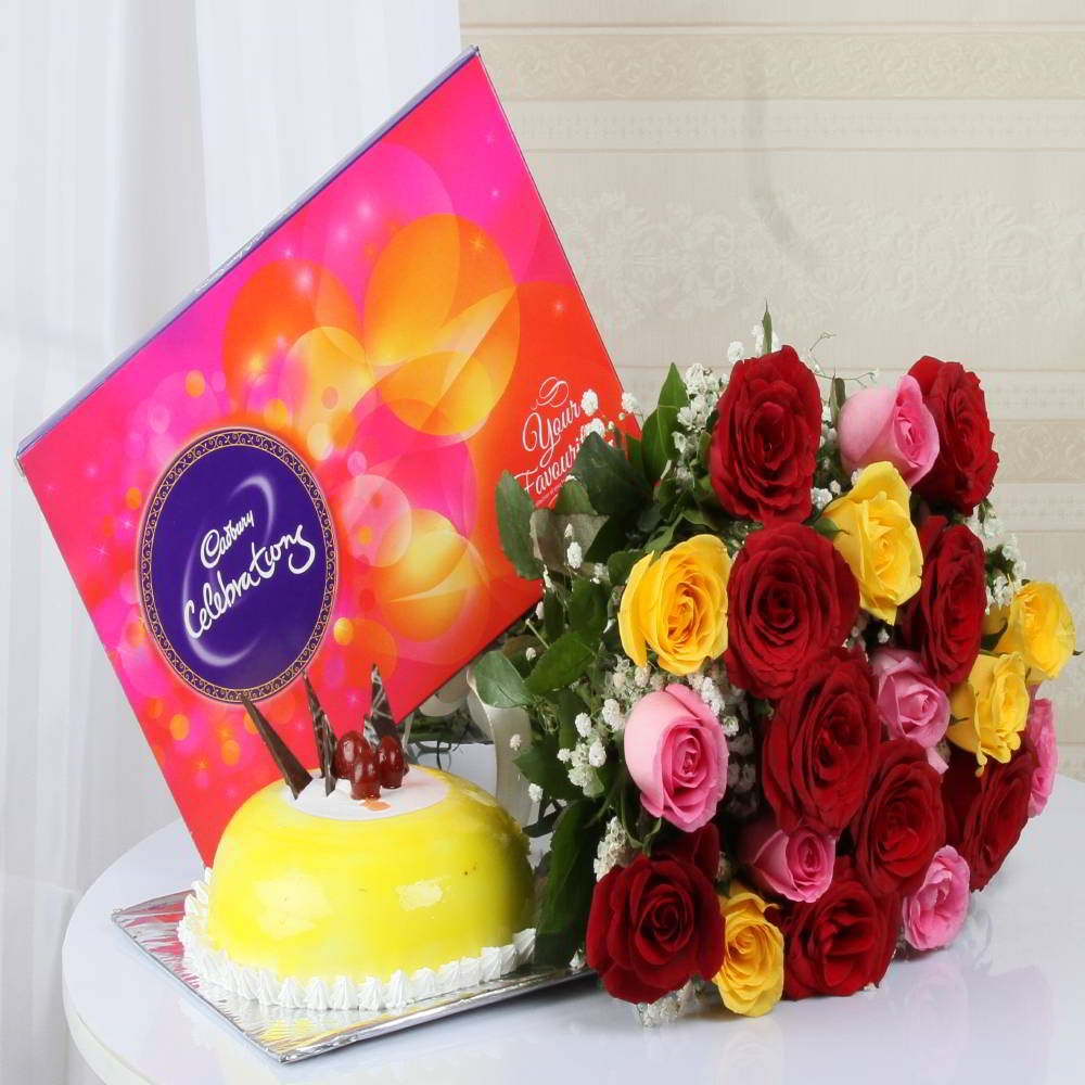 Mix Roses With Celebration & Pineapple Cake